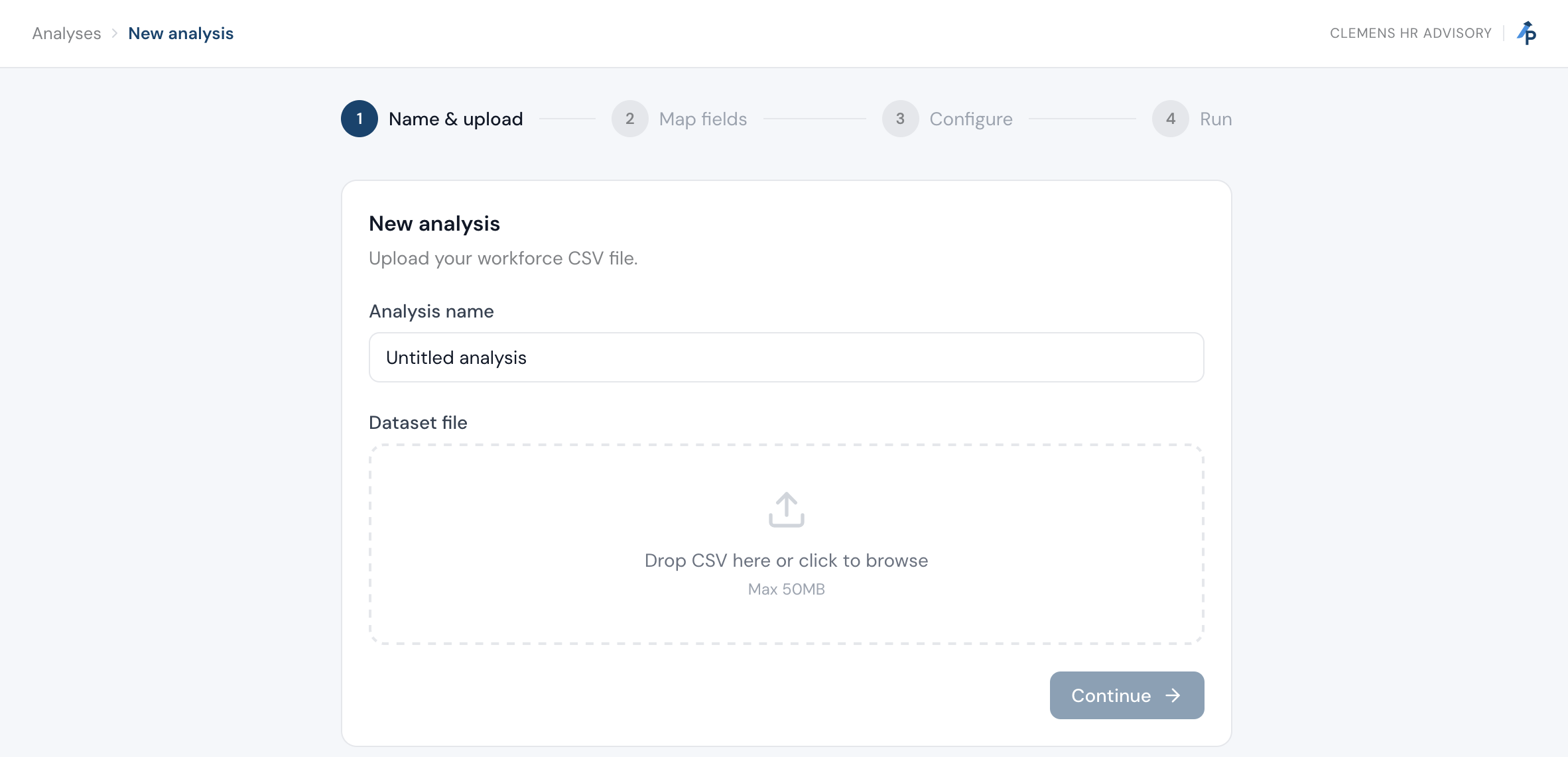 New analysis upload wizard, step 1 of 4, with a drag-and-drop CSV upload area