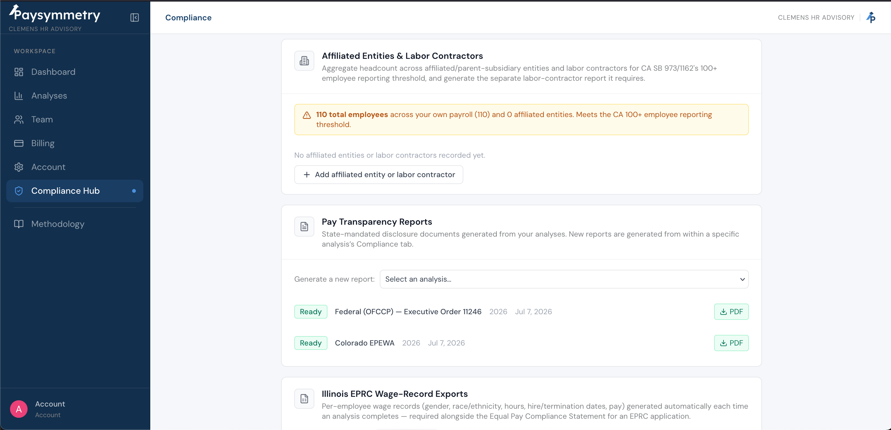 Compliance Hub showing an Adverse Impact Analysis and Colorado EPEWA pay transparency reports ready for PDF download, alongside labor-contractor registry and Illinois EPRC export tools